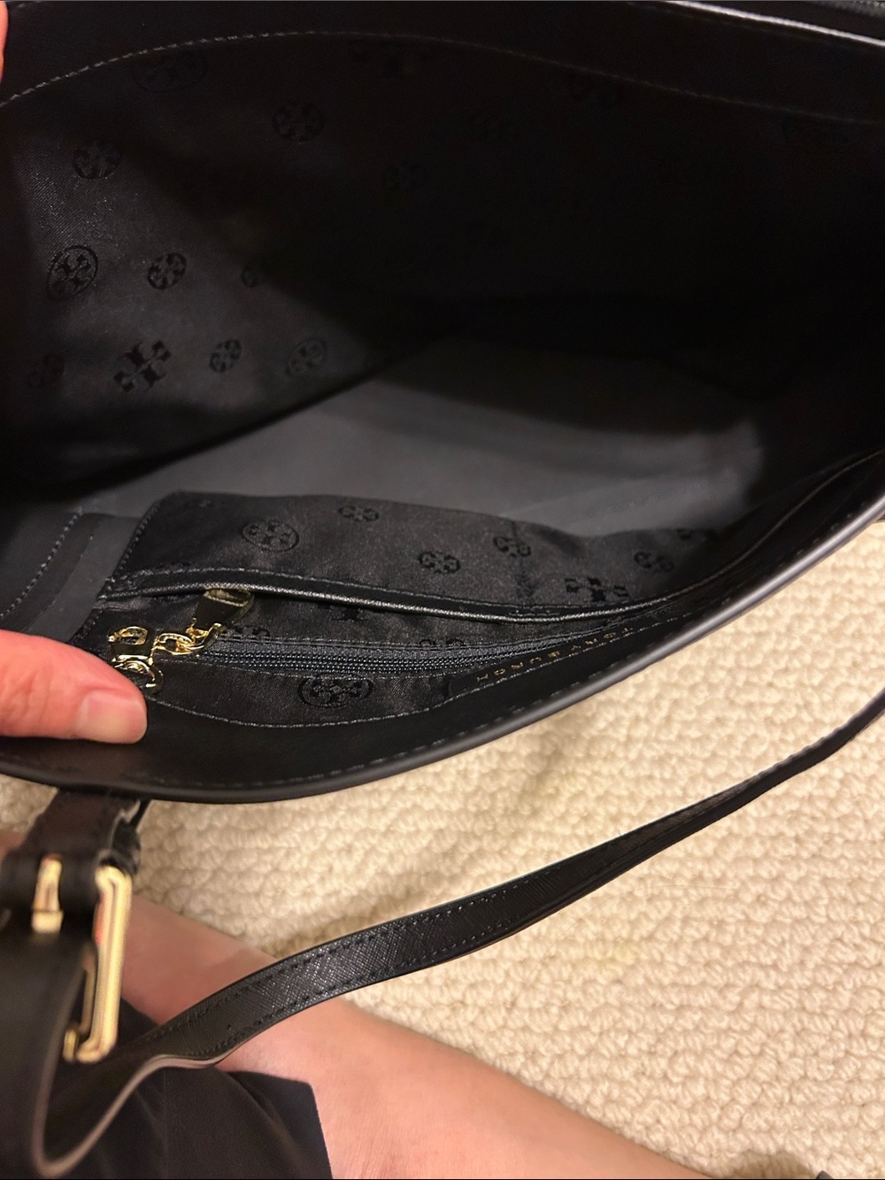Tory Burch Black Leather Double-Handle Tote with Gold Hardware - Picture 6 of 8